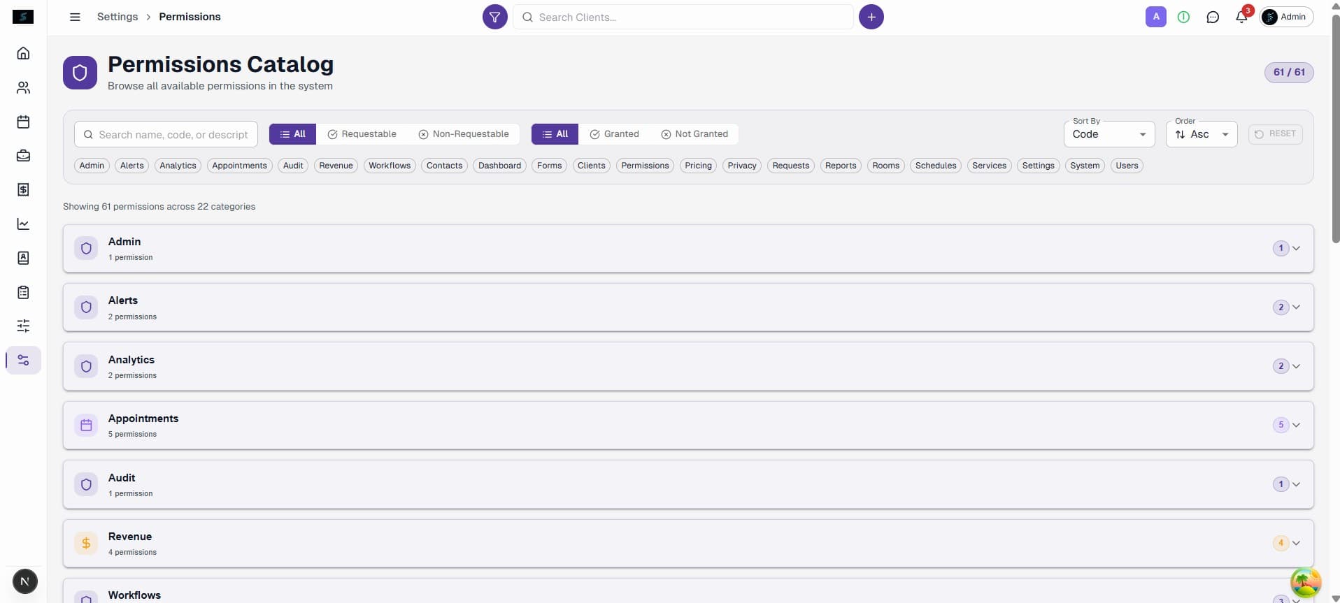 Admin permissions panel — role-based access control in MVP